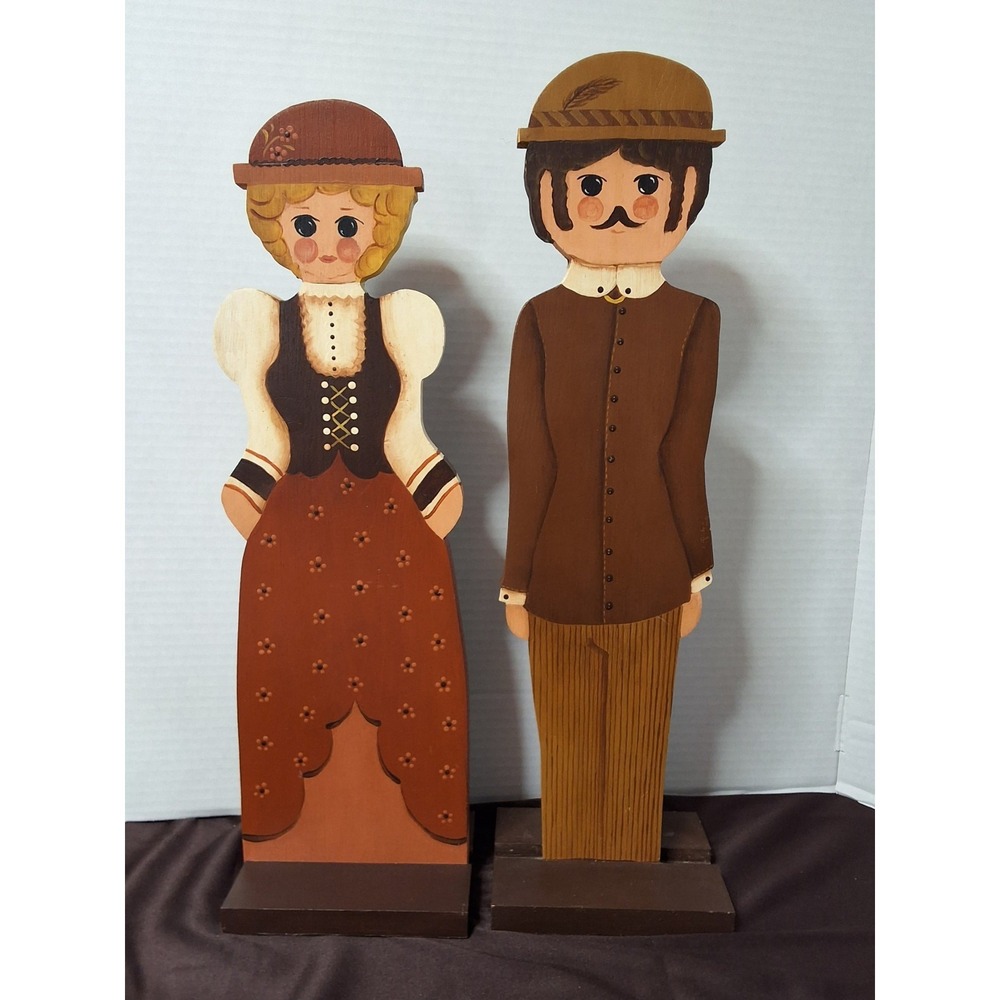 Vintage Handcrafted, Painted Wood Of Couple In European‎ Attire. 22" & 21" Tall